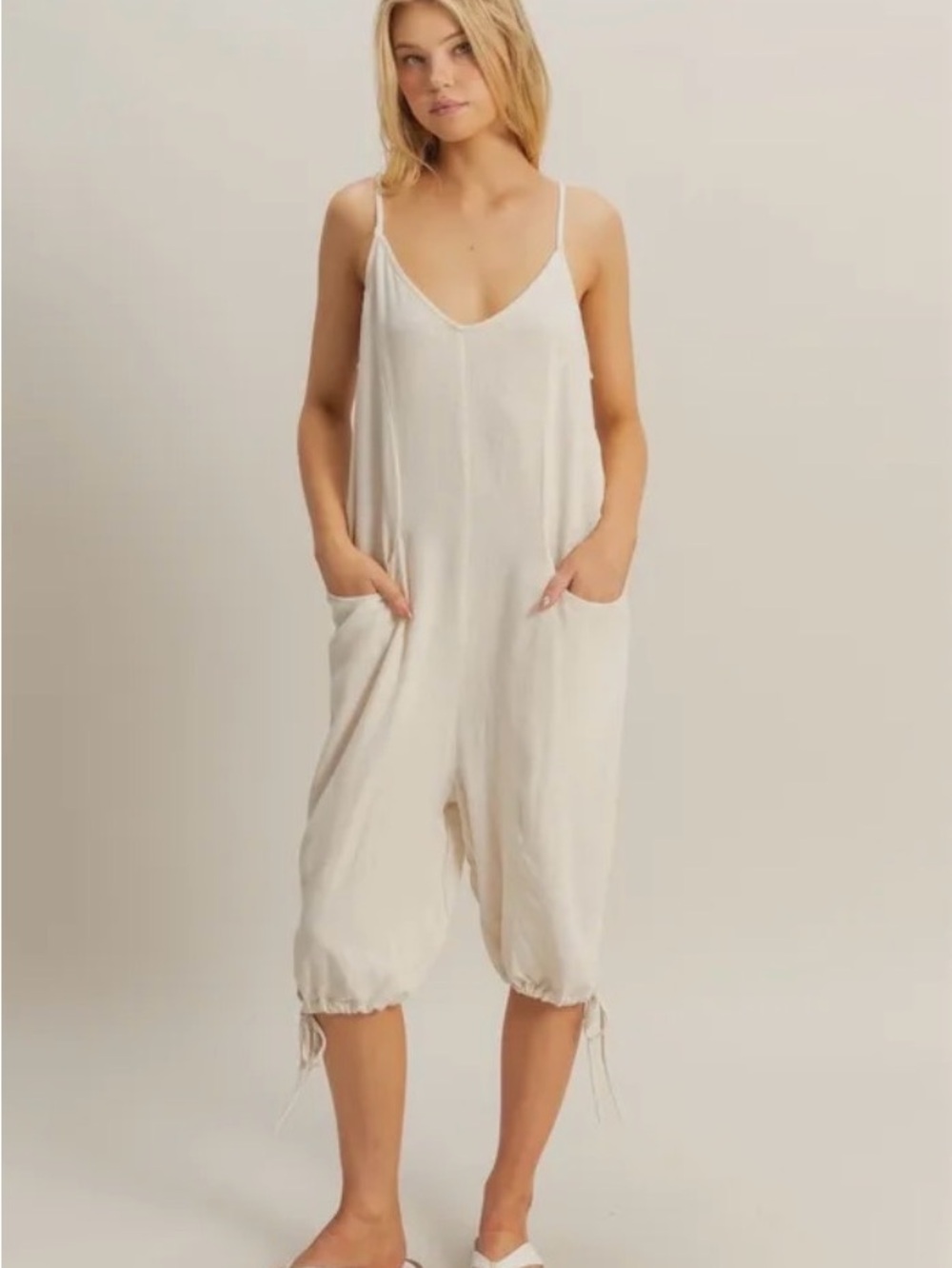 HYFVE Cream V-Neck Pocket Side-Tie Hem Romper